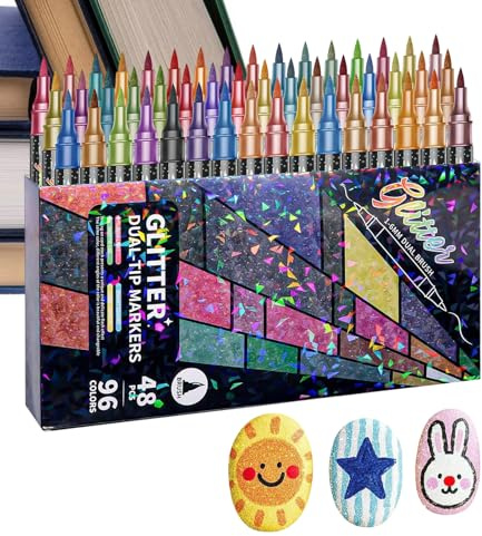 Glitter Paint Pens - Dual-End Shimmer Markers for Illustrating | Water-Based Fluid with Twin Nibs & Scintillating Pigment Kit for Crafters, Illustrators, Cousins and Students 185-210 Characters