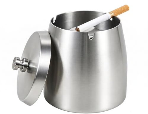 Stainless Steel Ashtray with Lid, Windproof Rainproof Ashtrays for Inside or Outdoors (Silver)