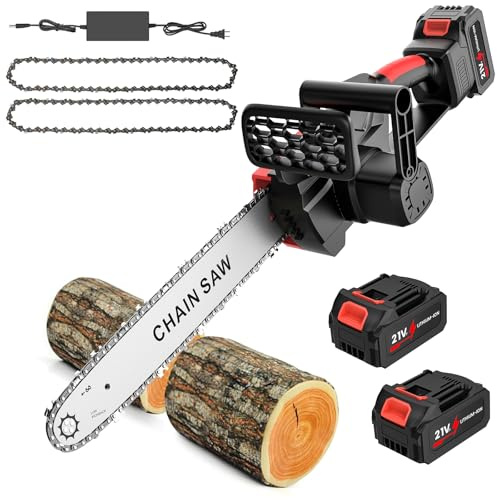Motosierra de Batería de 12 Pulgadas, Motosierra Eléctrica Inalámbrica con 2 Baterías de 1300mAh, Lubricación Automática, 2 Cadenas, Motosierra de 800W para Trabajo de Madera y Jardín