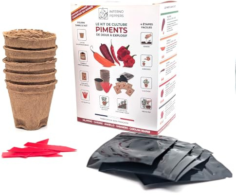 Kits prêt-à-pousser Piments de Doux à Explosif - 50 Graines 5 Variétés Jalapeño Cayenne Amarillo Habanero Carolina Reaper - Terreau, Pots Biodégradables, Notice - Fabriqué en France