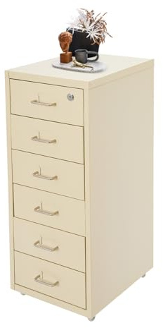 Låsbar rullbehållare, 6 lådor av metall, mobilt arkivskåp för kontor och hemmakontor, lådskåp med hjul, 28 x 41 x 69 cm (beige)