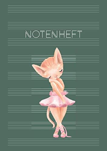Notenheft: DIN A4 Blanko Musiknotensystem mit Inhaltsverzeichnis | Musik Noten für Schule, Unterricht & Hobby | große Lineatur für Anfänger - Motiv: Katzen-Ballerina