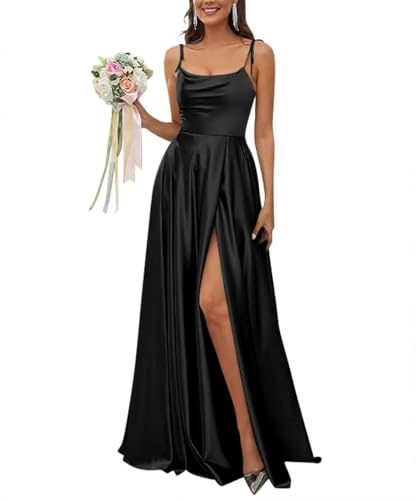 KIYNE Robe de demoiselle d'honneur en satin à bretelles spaghetti avec fente et col bénitier pour femme - Robe de soirée formelle sans manches, Noir , 60 Grande taille