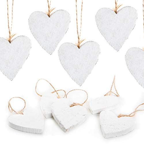 Dekoanhänger Herzen 10er Set: Herz zum Aufhängen, Deko-Anhänger aus Holz, Holzanhänger Geschenke, Holzherzen Zweige, Herzanhänger Fenster, Hängedeko Ast, Dekoherzen Modern, Weiß, Aufhänger Klein, 7 cm