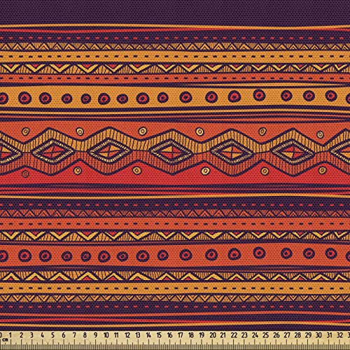 ABAKUHAUS Orange Gewebe als Meterware, Abstraktes Ethno-Gekritzel, Schön Gewebten Stoff für Polster und Wohnaccessoires, 1M (148x100cm),Orange Rot Mehrfarbig