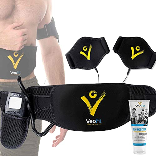 VeoFit Bauchmuskeln Gürtel EMS Bauchtrainer zum Abnehmen festigt, stärkt und strafft der Bauch, Rücken, Arme, Oberschenkel, Waden- mit Fitness und Ernährungshandbuch und Transport Tasche (Black)