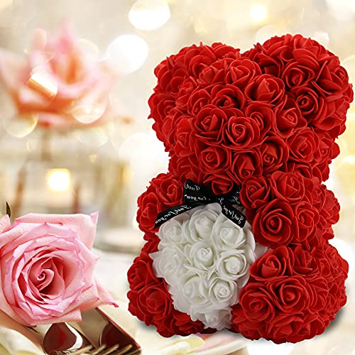 Geschenke für Frauen, Geburtstagsgeschenke, Rosen-Bär, handgefertigter Rosen-Teddybär, beste künstliche Dekoration, Geschenke für Mutter, einzigartige Geschenke, die perfekte Party-Geschenkbox (rot)