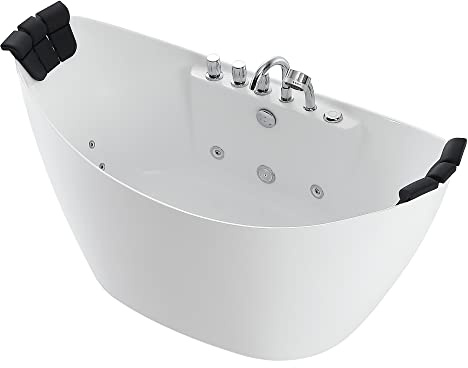 Empava 68 in. Acrylic Freestanding Tub Hydromassage Gracefully Oval Shaped Whirlpool 8 Water Jets Soaking SPA, Double-Ended Massage Bathtub with 2 Black Pillows , White