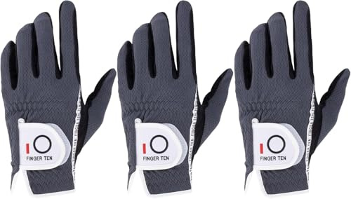 FINGER TEN Lot de 3 gants de golf pour homme main gauche et droite – Gants de golf pour homme – Résiste aux intempéries et à l'humidité – Taille S, M, L, XL – Blanc (gris, L, portés à la main gauche)