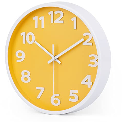 Crosstime 10 Inch Yellow Wall Clock with Big Numbers - Battery Operated Silent Modern Simple Decor Easy to Read for Kitchen, Bedroom, Living Room, Office, School