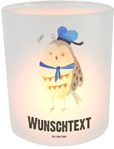 Mr. & Mrs. Panda Personalisiertes Windlicht Eule Matrose - Personalisierte Geschenke, Kerzenhalter personalisiert, Owl, Laterne, Freundin, Hochzeitstag Geschenk, Personalisierter Teelichthalter