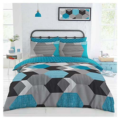 Lions 4 Piece Complete Bedding Sets - Blue Geometric Shapes Double Duvet Cover Set 200x200cm With 1x Fitted Sheet and Matching 2x Pillowcase, Soft Poly Cotton Bed Linen, Reversible Quilt Covers