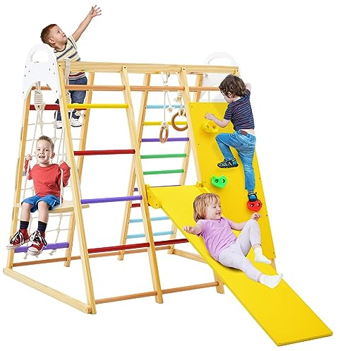 DREAMADE 8 in 1 Kletterdreieck Kletterspielzeug mit Schaukel Leiter Rutsche Kletternetz Turnringe, Spielplatz Indoor Klettergerüst aus Holz zum Rutschen & Klettern für Kinder ab 3 Jahren (Bunt)
