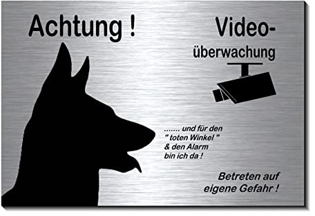 Schäferhund-Videoüberwachung-Hund-Schild-Hundeschild-150 x 100 x 3 mm-Aluminium Edelstahloptik-Hunde-Tierschild-Warnschild-Hinweisschild (silber 1905-116 mit 2 Löcher)