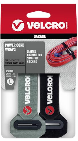 VELCRO Brand Power Cord Wraps | 24 Inch Extra Long Heavy Duty Straps for Extension Cords, Hoses, Garage Organization | 2-pack | Reinforced Head with Slotted Grommet | Black and Gray