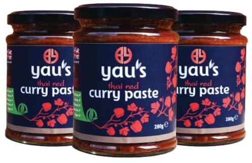 Yau's Thai Red Curry Paste, Traditional Mild Curry Paste, Vegan, Soy-Free, and Gluten-Free Spicy Marinade and Pesto, Easy and Tasty Chinese Red Curry Paste, 3 x 280g
