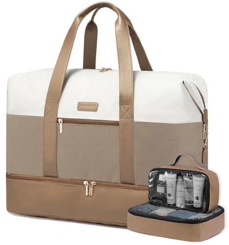 LOVEVOOK Reisetasche Damen Weekender Bag Groß Handgepäck Tasche Sporttasche Kliniktasche Geburt Travel Duffle Bag mit Kulturtasche Schuhfach für Flugzeug Reisen, Beige Khaki