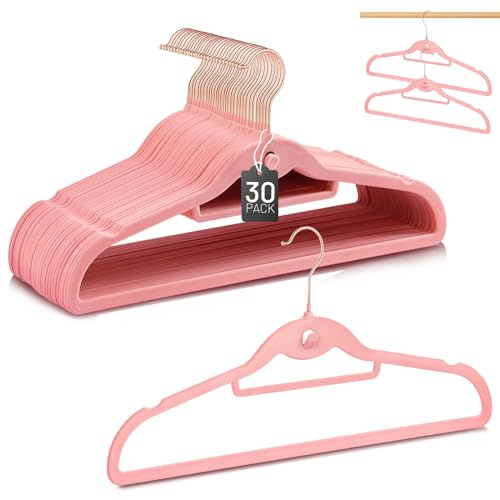 Velvet Stackable Hangers 30 Pack, STOPKLAS Pink Clothes Hangers Non Slip Felt Hangers with 360° Swivel Hook, Thin Hanger Space Saving, Heavy Duty Closet Hanger for Clothes, Coats, Suits, Dress, Pants