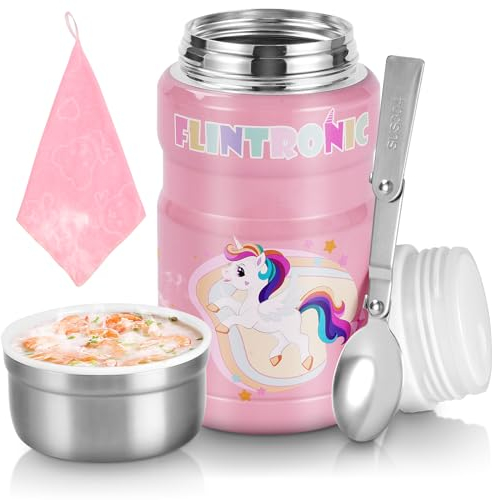 flintronic Food Flask, 750ml Vacuum Insulated Food Jar with Folding Spoon, Double Walled Hot Food Flask, Leakproof Stainless Steel BPA Free Food Container for Breakfast, Lunch, Work, Kids