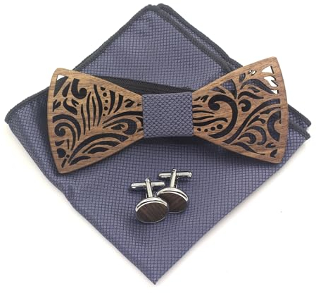 Cyriacus Fliege Set Holz, Marineblaues geripptes Schachbrettmuster enthält Papillon und Manschettenknöpfe, Quadratisches Halstuch (3 PCS), Geeignet für den Einsatz in mehreren Szenen