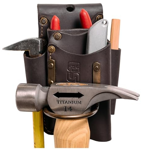 'FESA Small Leather Tool Pouch - 5-in-1 Heavy Top Grain Leather Small Tool Pouch with a Steel Hammer Loop, 4 Pockets & Reinforced Heavy Duty Rivets - Fits Belts up to 3'' - Handcrafted'