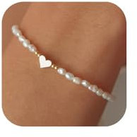 LUYANFX Charm Armband Damen, Perlenarmband Weiß mit Herz, Perlenarmbänder mit Verlängerungskette, Pearl Bracelet Länge 6.3+1.18, Schmuck Geschenke für Damen Geburtstag, Valentinstag, Muttertag