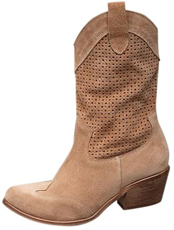 Westernstiefel Damen Kurzer Schaft - Cowboystiefel Mit Blockabsatz Profilsohle Ösen Stiefeletten Spitze Zehenkappe Kniehohe Tiefel Wildleder Stiefel Boots Halbhohe Schlupfstiefel