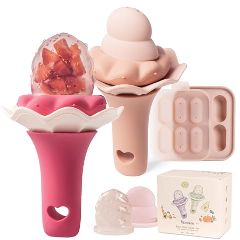 Moonkie chupete de frutas para bebés con bandeja de congelación, 2 piezas, a partir de 4 meses, bolsa de dos tamaños, mango con sonajero, silicona sin BPA