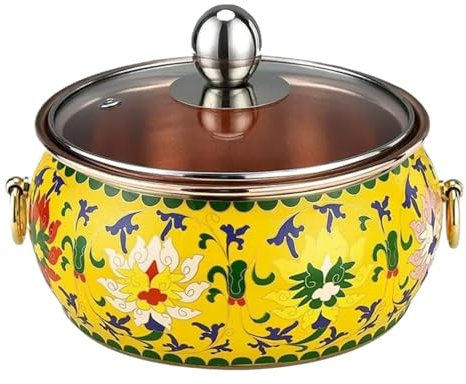 RUVOO Olla China de Carbón Caliente, Olla Pequeña De Cobre De Inducción, Olla Individual para El Hogar, Olla Caliente De Fondo Plano para Cocina De Inducción Picnic Cocina(Yellow)