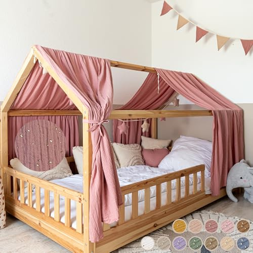 lilimaus Hausbett Himmel mit Gold Applikation [in 12 Farben] Betthimmel | Hausbett aus 100% Baumwolle Musselin - Stoffhimmel für Hausbett Deko Mädchen, Jungen - Himmel für Hausbett Kinderbett Vorhang