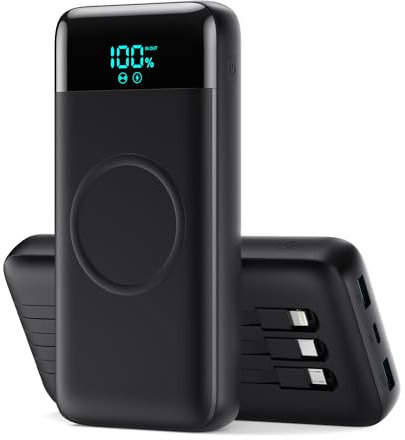 Power Bank Wireless 26800mAh con 3 Cavi, 7 in 1 Caricatore Portatile Wireless Ricarica Rapida 25W PD3.0+QC4.0, Display LCD Batterie Esterna 6 Uscite Compatibile con iPhone17/16/15/14 Huawei ecc-Nero