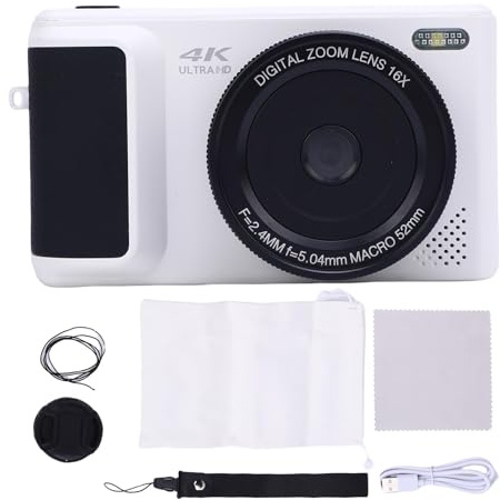 Fotografía de Cámara Digital 4K 64MP HD Autofocus 16x Digital Zoom Video sin Espejo Cámara de Pantalla Flip Viaje (White)