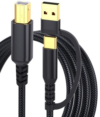Gramigg Cable de impresora trenzado extra largo USB A C a USB B 2 en 1, conexión de velocidad rápida para impresoras y portátiles, cable de impresora USB largo con conectores chapados en oro