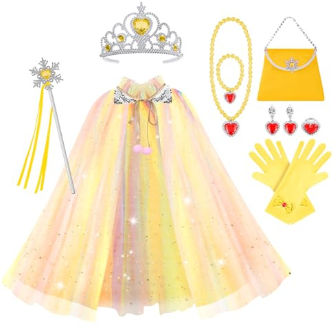 Vicloon Prinsessaka, 11 st kappa med glänsande paljetter prinsessa kostym, trollstav, halsband, ring och örhängen, prinsessklänning för fest, rollspel, halloween