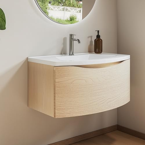 BRIDGE BENO Mobiletto Da Bagno Da 80 cm Con Lavabo in Ghisa Minerale – Cassetto Con Chiusura Ammortizzata, Salvaspazio, Ideale Per Wc Per Gli Ospiti, Golden Sand