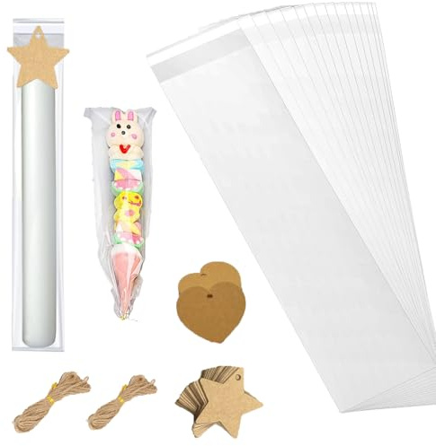 Set di 200 sacchetti di cellophane in cellophane OPP con 200 etichette in carta kraft e spago per candele, caramelle, biscotti, confezioni per matrimoni, feste, San Valentino, 10 x 30 cm