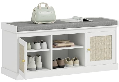 HOMCOM Shoe Bench with Padded Cushion, Boho Shoe Storage Bench with Rattan Doors, Open Shelves and Adjustable Shelves for Hallway, Entryway, Holds 9 Pairs, White