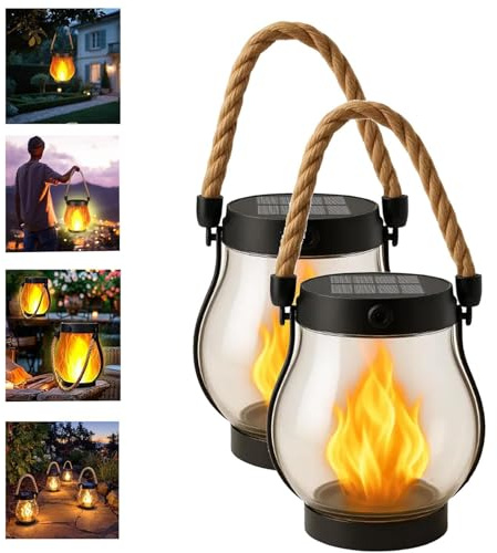 OKESYO Solar Laterne mit Tanzende Flammen, 2 Stück Solar Lampe Outdoor Hängend, Campinglampe Solar Garten für Außenbereich,Terrasse, Veranda, Balkon