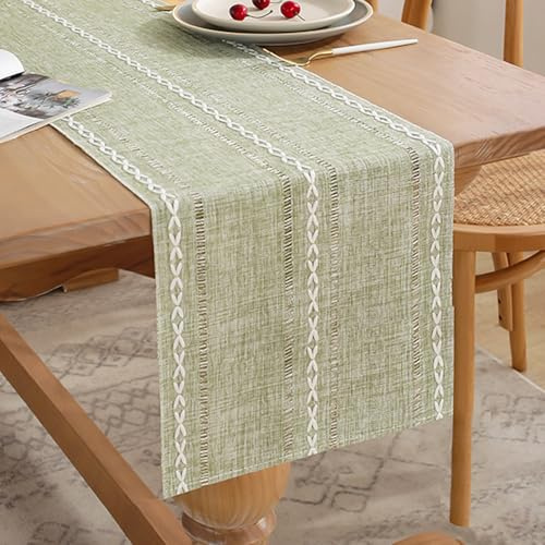 Tischläufer Landhausstil 33x140 cm Boho Tischläufer Grün Salbeigrün Frühling Leinenoptik Läufer Tisch Makramee Modern Klein Table Runner Dekoration für Party Geburtstag Hochzeit Dekor