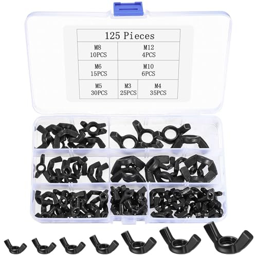125 Piezas Tuercas de Mariposa, Kit Surtido de Tuerca de Mariposa, Tuercas de Alas para Dispositivos Electrónicos Hardware, Herramientas de Bricolaje, M3 M4 M5 M6 M8 M10 M12 (Negro)