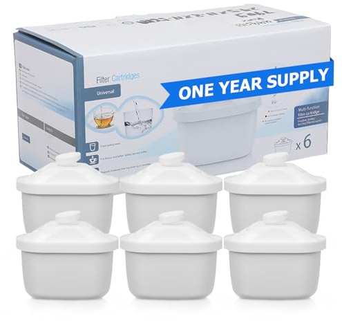 6-Pack Universal Water Filter Cartridges for Kitchen Jugs, 4-Stage Filtration & 100L Capacity, Water Filters, Reduces Chlorine, Heavy Metals and Limescale, Better Taste