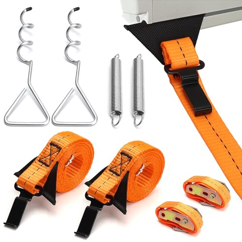 Sturmband Markise Set, Markisen Sturmsicherung vorzelt, Sturmsicherung Komplett Set mit 2 Spiralnagel, 2 Federn, 2 Spanngurten, Sturmbänder Markise für die Meisten Wohnmobil Wohnwagen