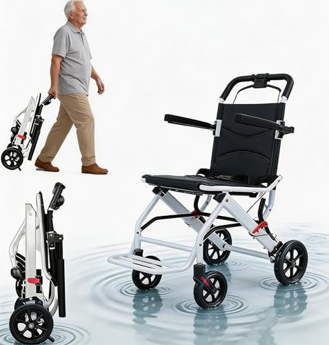 Folding Wheelchair Lightweight Portable Transit Travel Chair for Adults Ergonomic Design Wheelchair with Adjustable Safety Strap Carbon Steel Frame PU Wheels for Smooth Rid