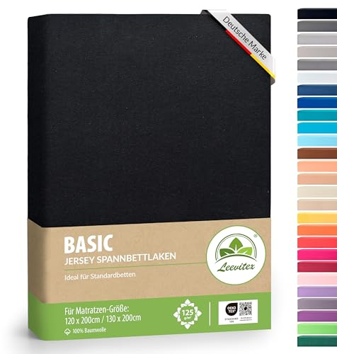 leevitex® Spannbettlaken 120x200cm - 130x200cm | Spannbetttuch Bettlaken | 100% Jersey Baumwolle | Matratzenhöhe bis 25 cm | Ökotex | Schwarz