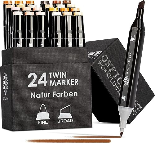 OfficeTree tuschpennor dubbel spets 24 färger - alkoholmarkörer - hudfärgpennor - tvillingmarkör för skissning, färgning, highliting, ritning och målning