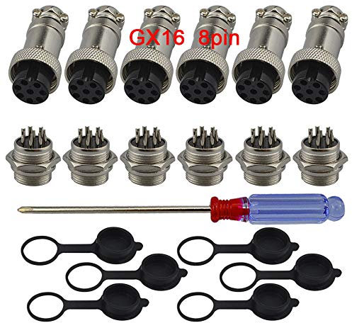 QitinDasen 6Pcs Premium GX16–8 Pin Aviation Stecker Adapter, 5A 16mm Gewinde Männlich Weiblich Metall Luftfahrt-Stecker Drahtverbinder Kit, mit Gummi Schutzkappe und Schraubenzieher