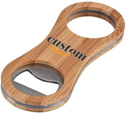PROMO-SHOP - Abridor de capsula de botella con Imán en Madera de Bambu y Acero Inoxidable Personalizado (con Nombre o Texto), Dimensiones 100 x 40 mm