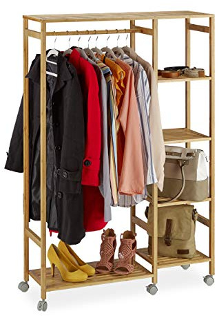 Relaxdays Rollgarderobe Bambus, mobiler Kleiderständer, 6 Ablagen, offen, Garderobenstange, HBT 136,5 x 32 x 11cm, natur | offen, Garderobenstange, HBT 136,5 x 92 x 30cm