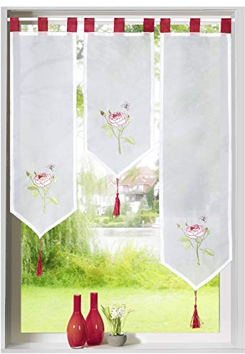 heimtexland ® Scheibengardinen Set 3-TLG Bestickt Rosen Fensterbild weiß rot Schlaufen Bistrogardine mit Quaste Fensterdeko Gardine Typ672