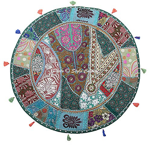 Stylo Culture Indisch Dekorativ Rund Bodensitzkissen 70 x 70 cm Groß Bodenkissenbezug Boho Vintage Dunkelgrün Bohemien Patchwork Sofa Sitzkissen Baumwolle Bestickt Bodenkissen Indoor
